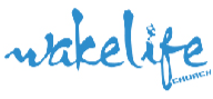 A blue logo for wakelife church on a white background.