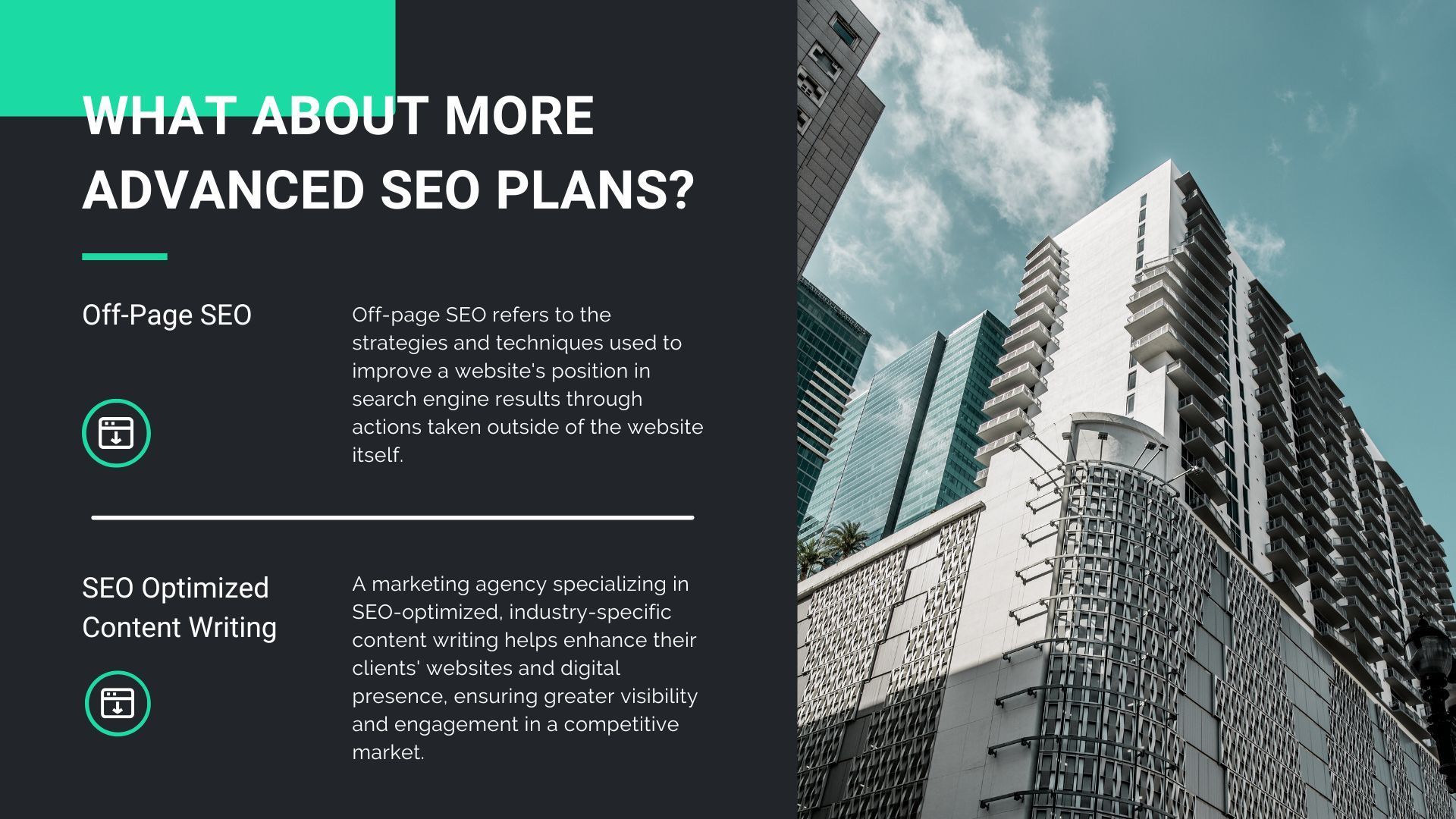 A poster that says `` what about more advanced seo plans ? ''
