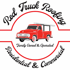 The logo for red truck roofing is a red truck with a ladder on top of it.