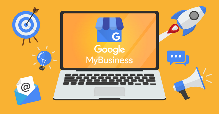 A laptop computer with a google my business logo on the screen.