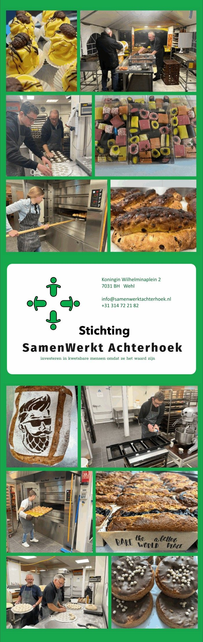 Collage van gebak en bakkerijtaferelen, waaronder taarten, donuts en mensen die aan het werk zijn.