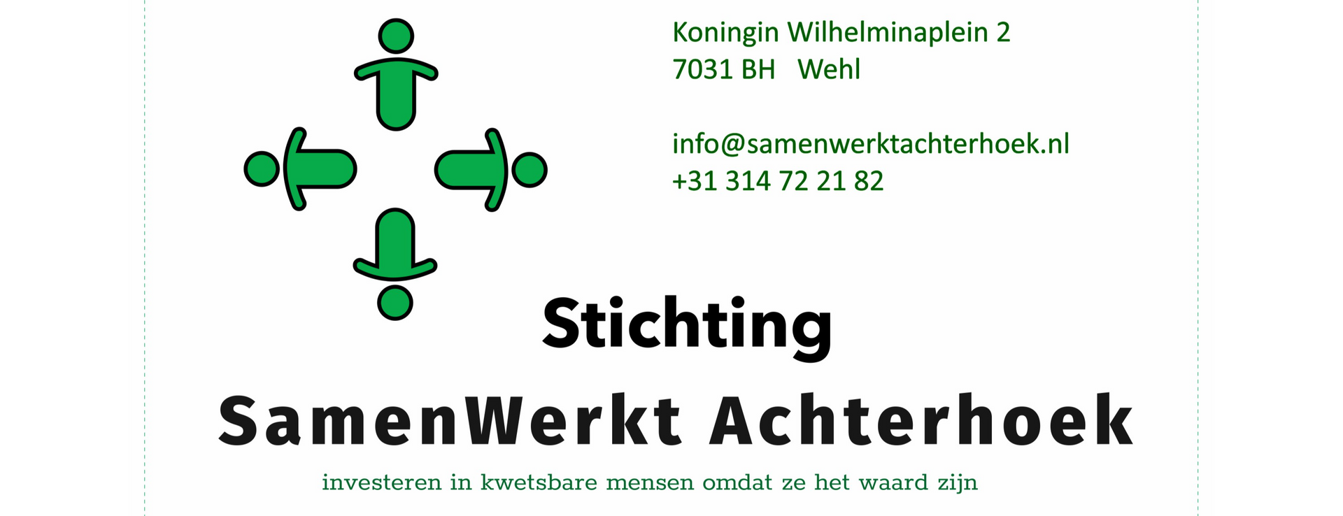 Logo of Stichting SamenWerkt Achterhoek: green figures pointing outwards; company name and contact info.