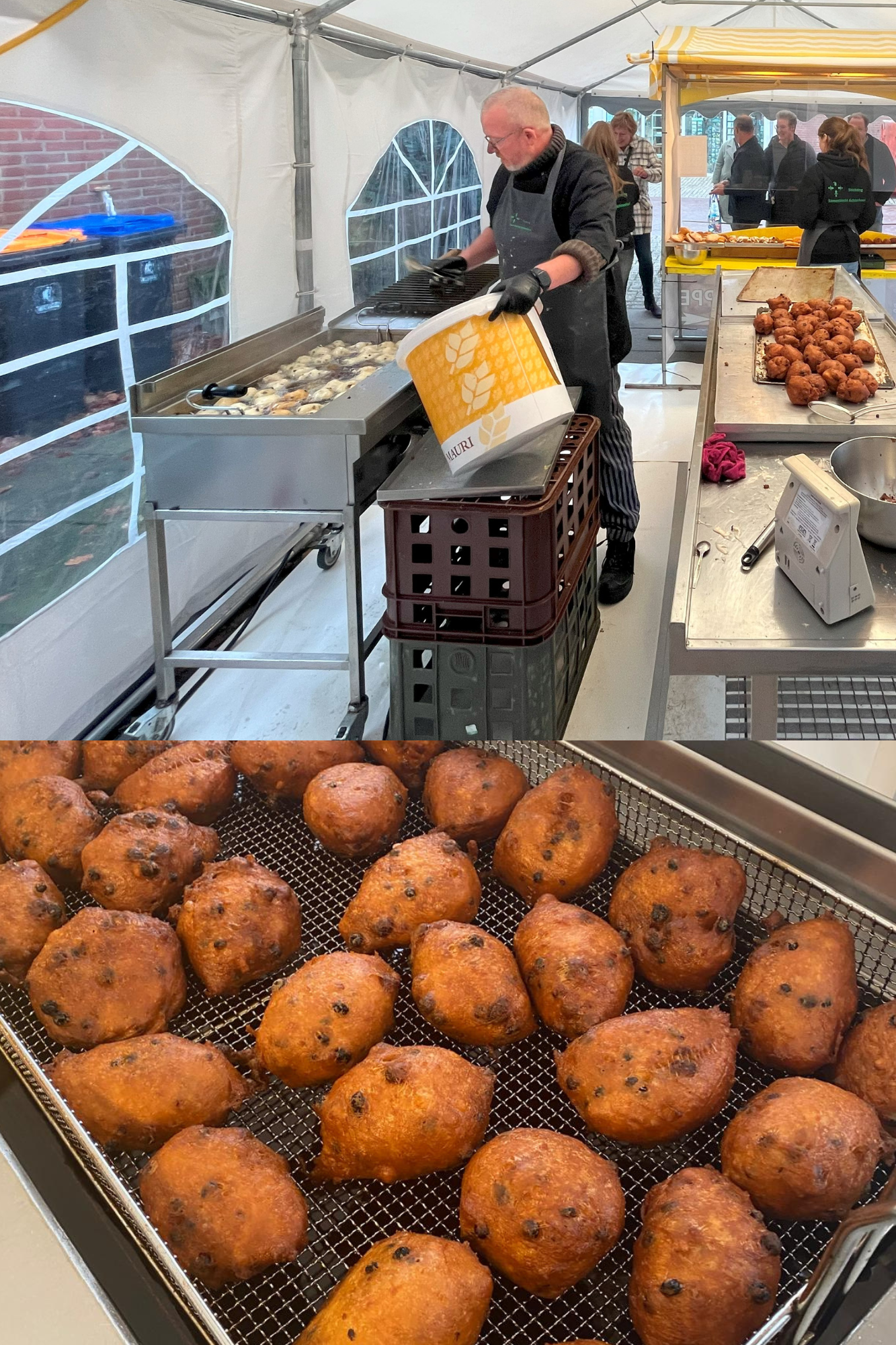 Een man bereidt ambachtelijke oliebollen en verkoopt ze bij de kraam.