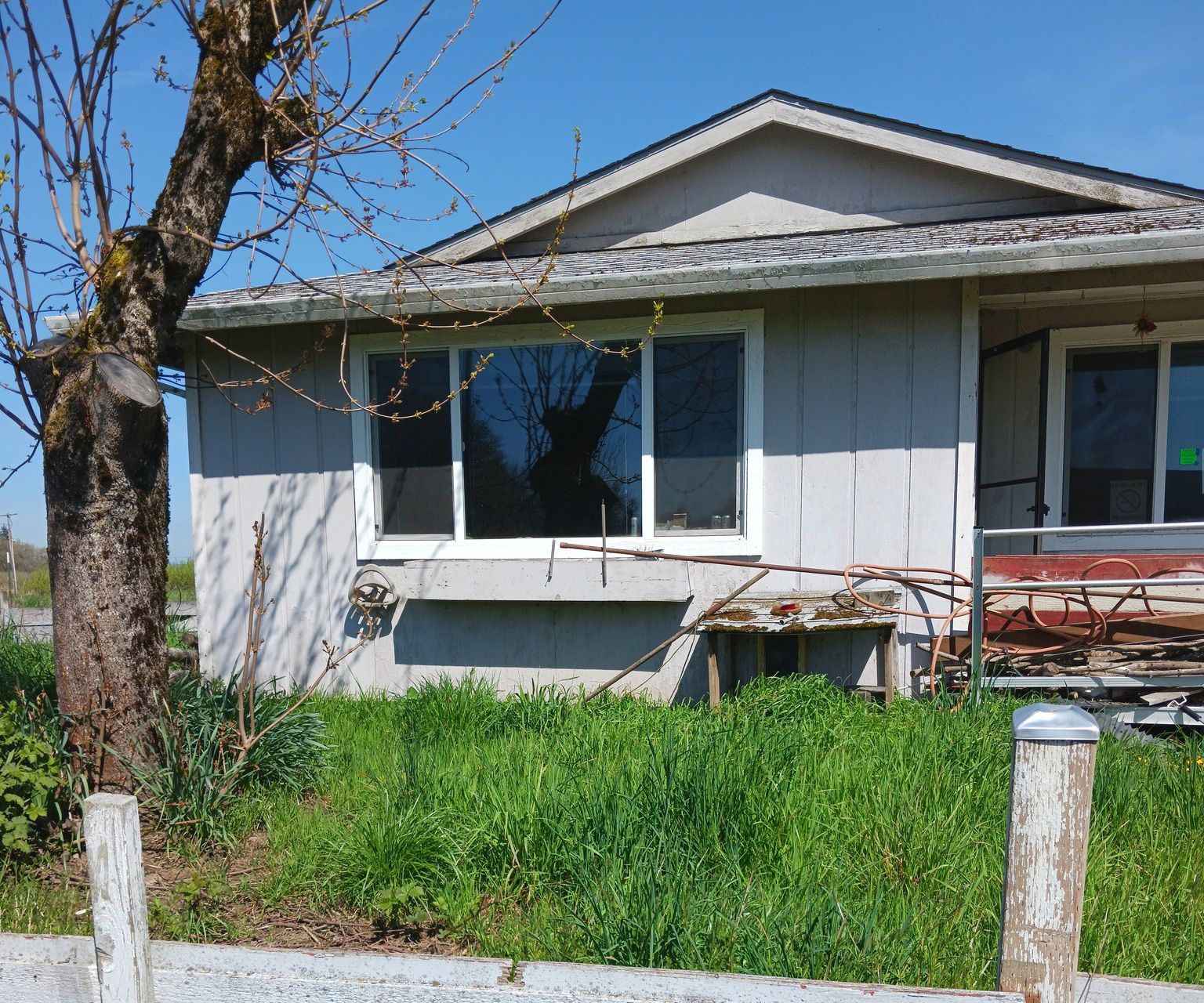 A house with a fence and a tree in front of it