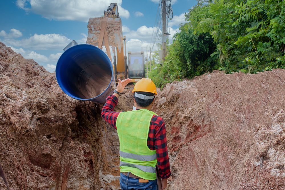 A Construction Worker Is Standing In A Trench Holding A Large Pipe — Blackpoly Pipelines in Parkes, NSW