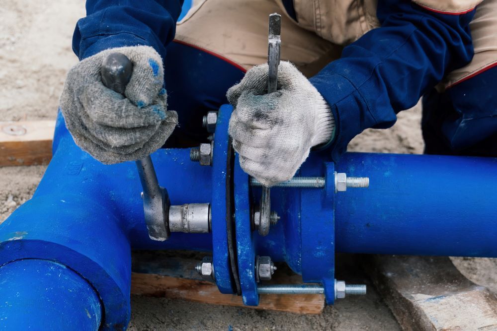 A Man Is Working On A Blue Pipe With A Wrench — Blackpoly Pipelines in Cloncurry, QLD