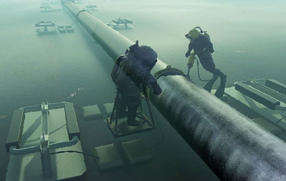 Two Scuba Divers Are Working On A Pipe In The Water — Blackpoly Pipelines in Dubbo, NSW