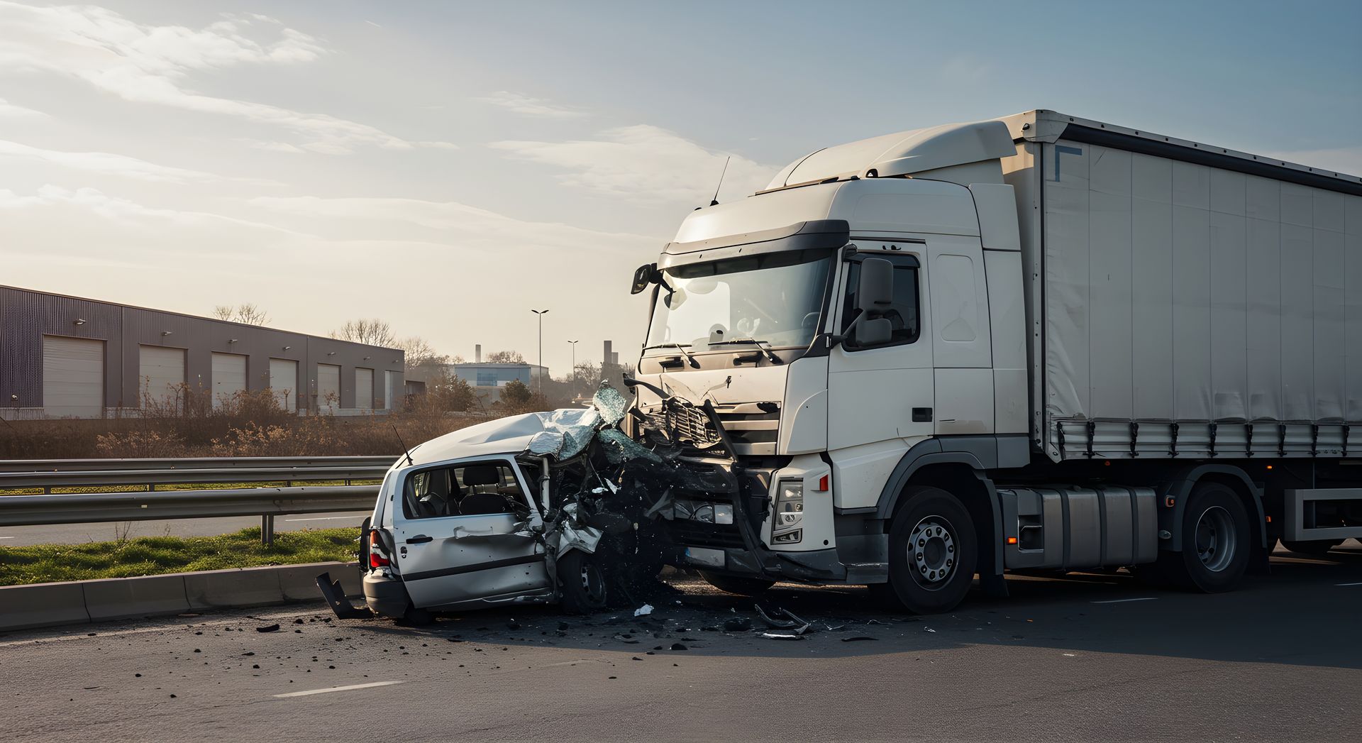 Truck and car collide on a road, with front-end damage and debris scattered nearby.