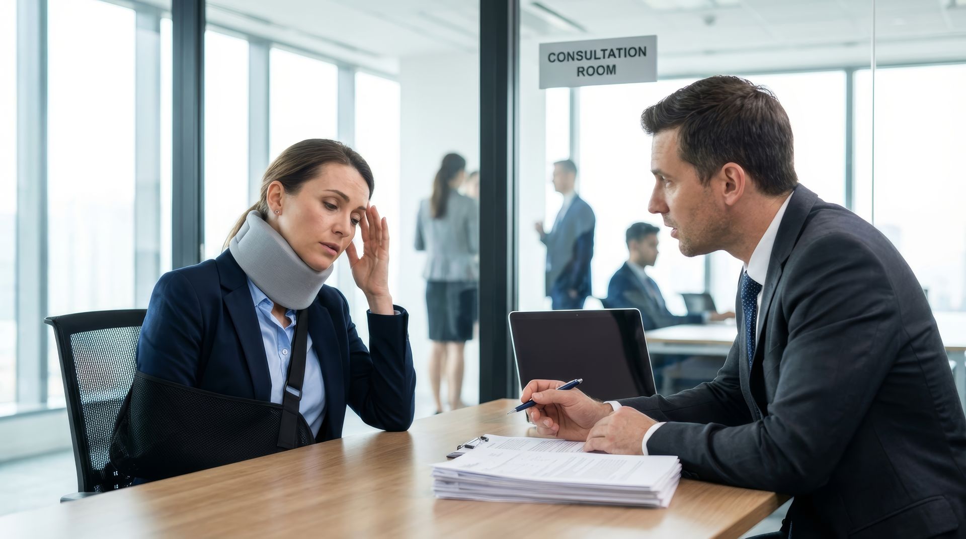 A distressed client in a neck brace & arm sling reviews legal paperwork with an attorney at a desk. A distressed client in a neck brace & arm sling reviews legal paperwork with an attorney at a desk.