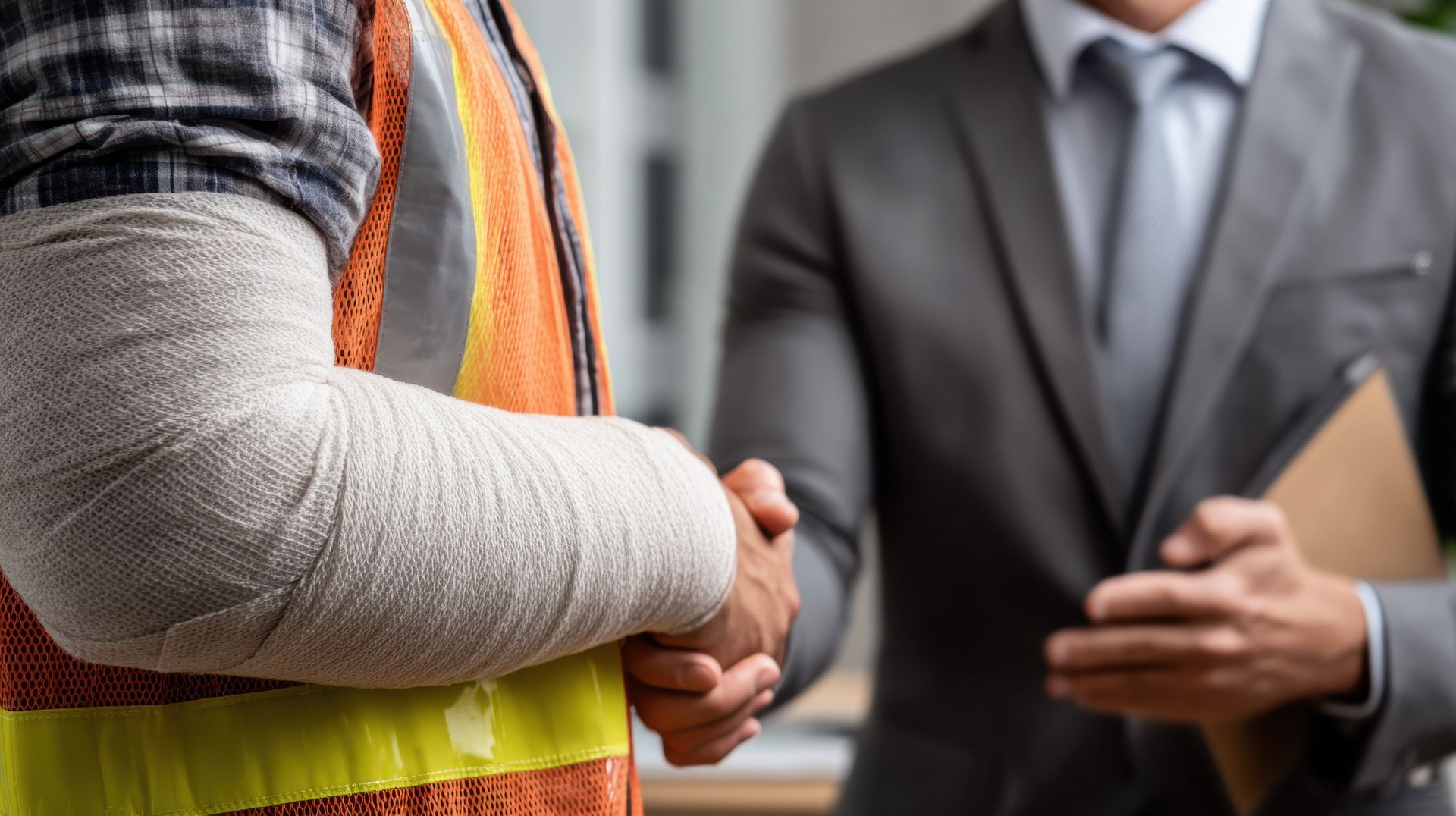 A worker with a bandaged arm and hi-vis vest shaking hands with a suited attorney holding a folder.
