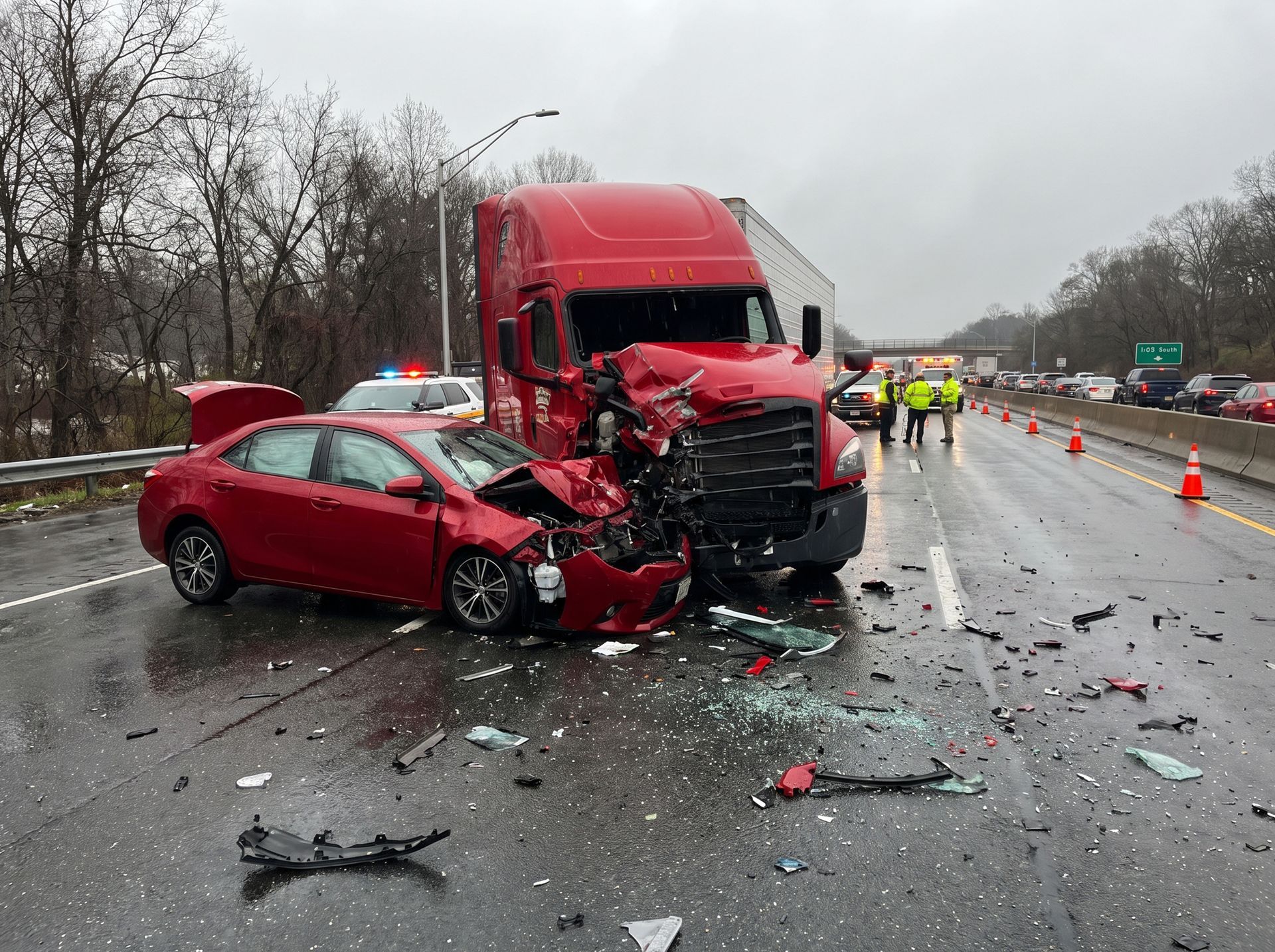 Severe car crash on a wet highway, red sedan crushed under a red semi-truck, debris and emergency responders nearby
