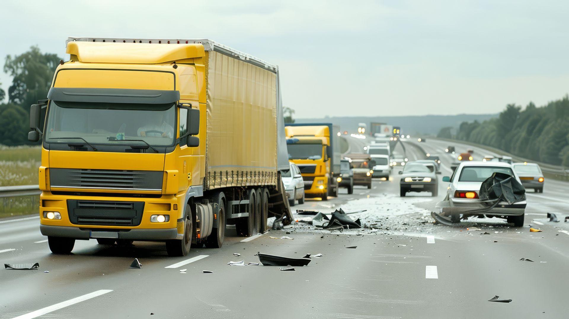 Multi-vehicle highway crash with yellow trucks, debris scattered, and traffic backed up in both directions Multi-vehicle highway crash with yellow trucks, debris scattered, and traffic backed up in both directions
