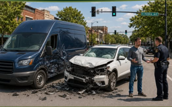 Police inspect a damaged white car after a collision with a blue van at an intersection.