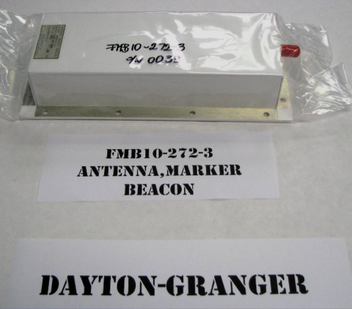 White Dayton-Granger FMB10-272-3 marker beacon antenna with red antenna, mounted on a metal plate.