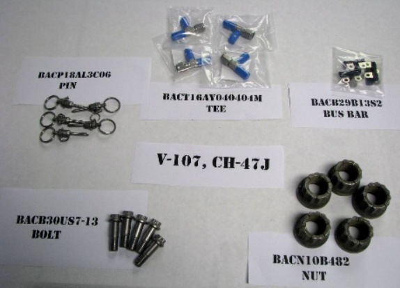 Arrangement of aircraft parts labeled: pin, tee, bus bar, bolt, nut, with 