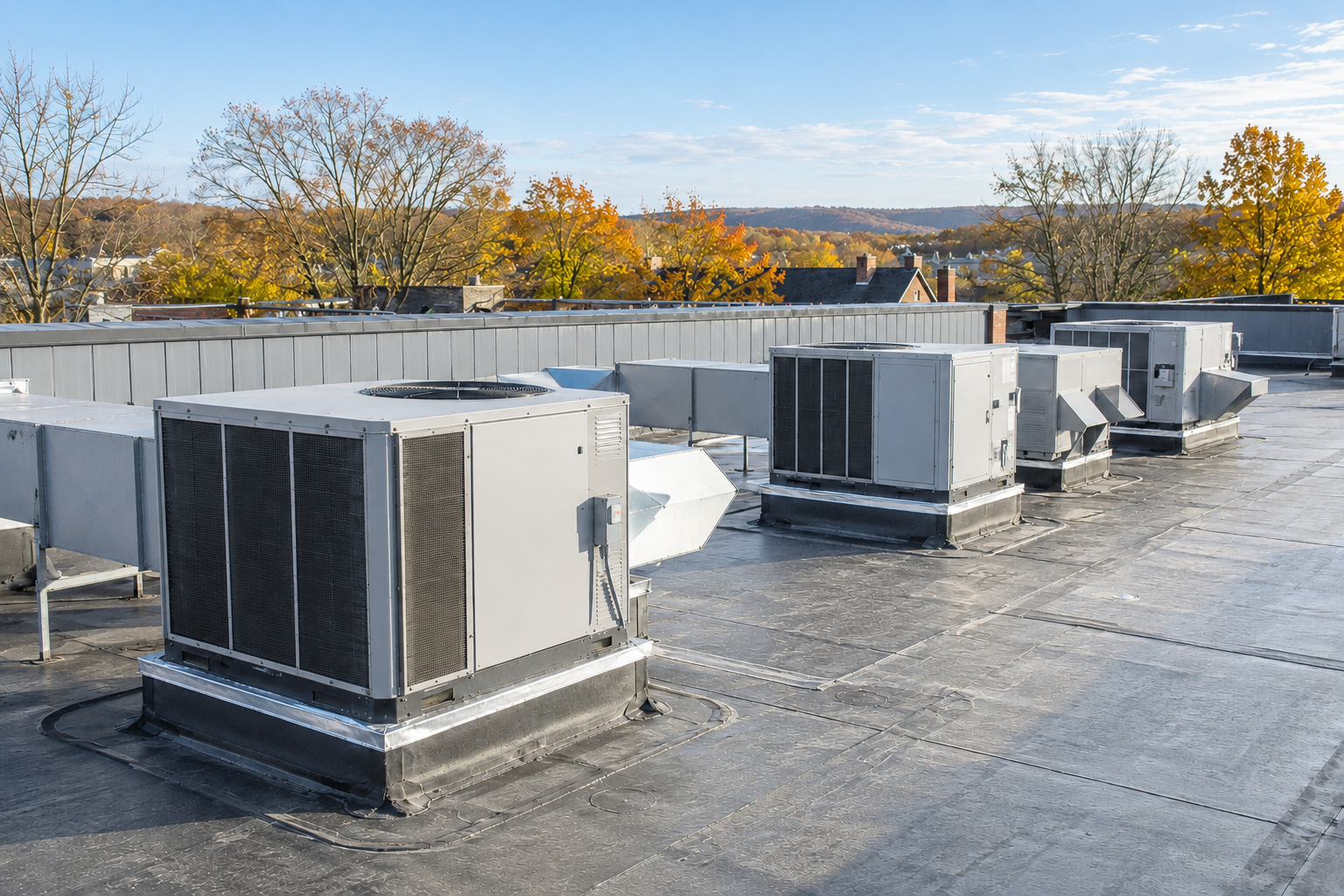 Commercial rooftop HVAC units on a Western Massachusetts building before winter