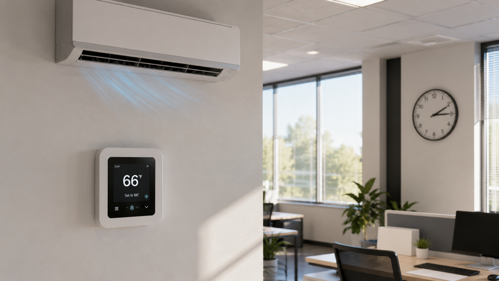 Modern commercial HVAC wall unit and thermostat set to 66 degrees helping maintain indoor comfort during hot summer weather.