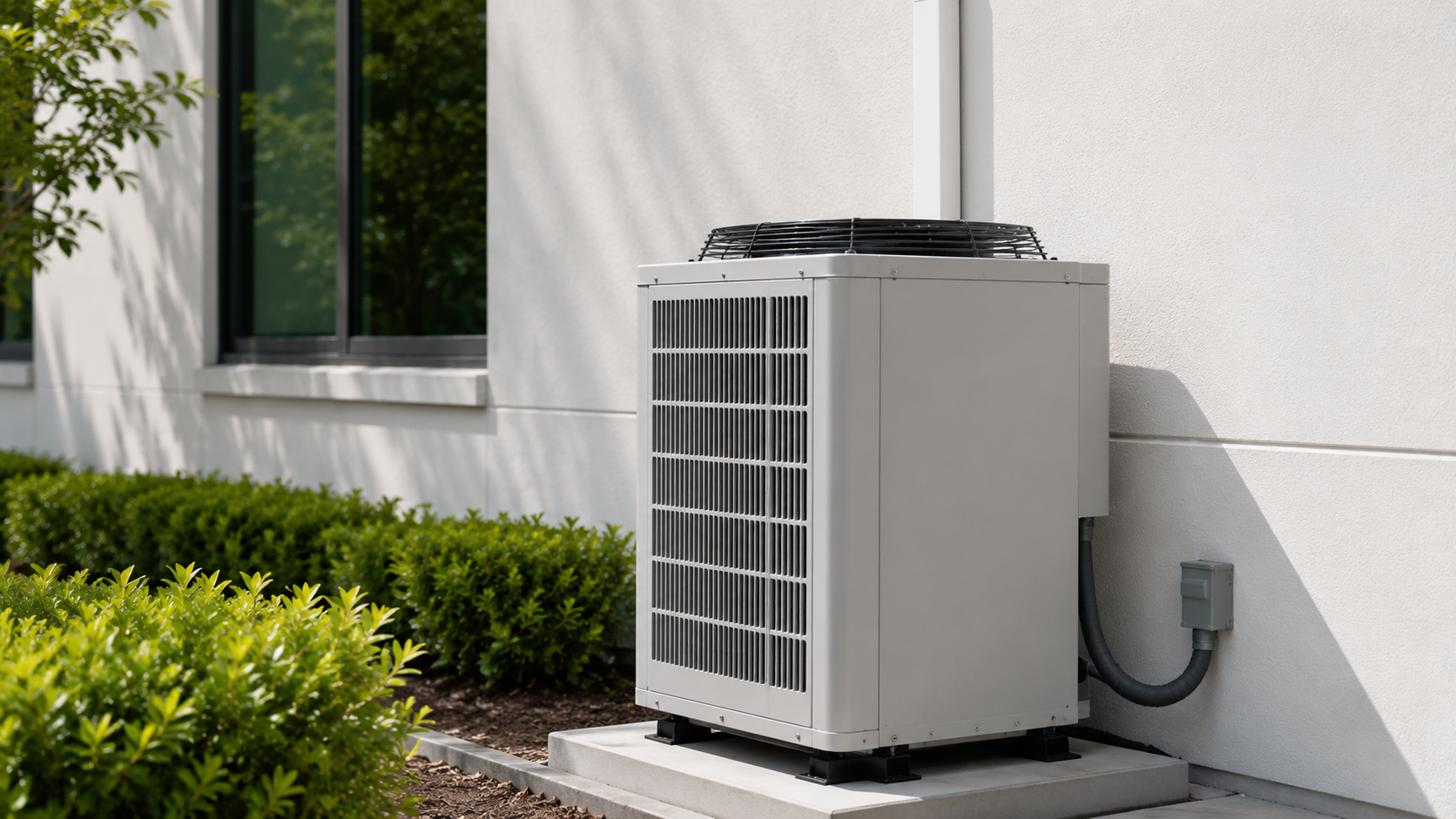 Modern commercial outdoor air conditioning condenser unit installed beside a building with clean landscaping and white exterior walls.