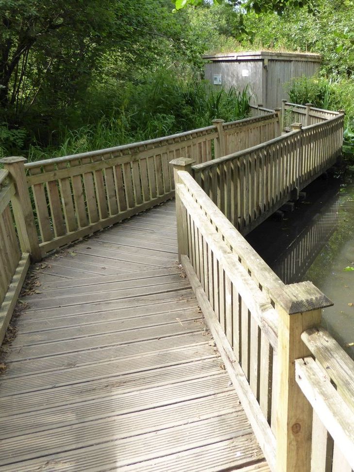 A wooden bridge over a body of water in the woods