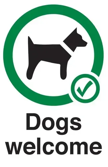 A sign that says dogs welcome with a dog in a green circle