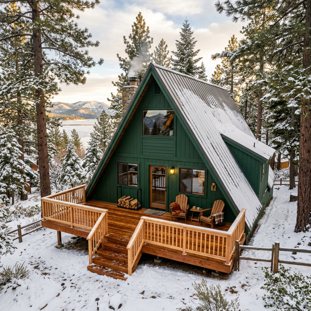 Freshly painted A-frame cabin exterior in Big Bear Lake California 