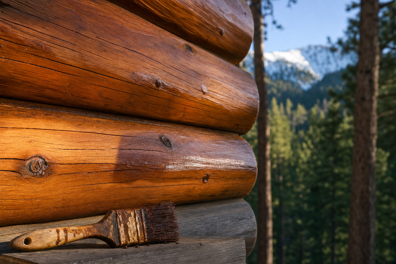 Freshly stained log home siding showing natural wood grain in Big Bear, CA
