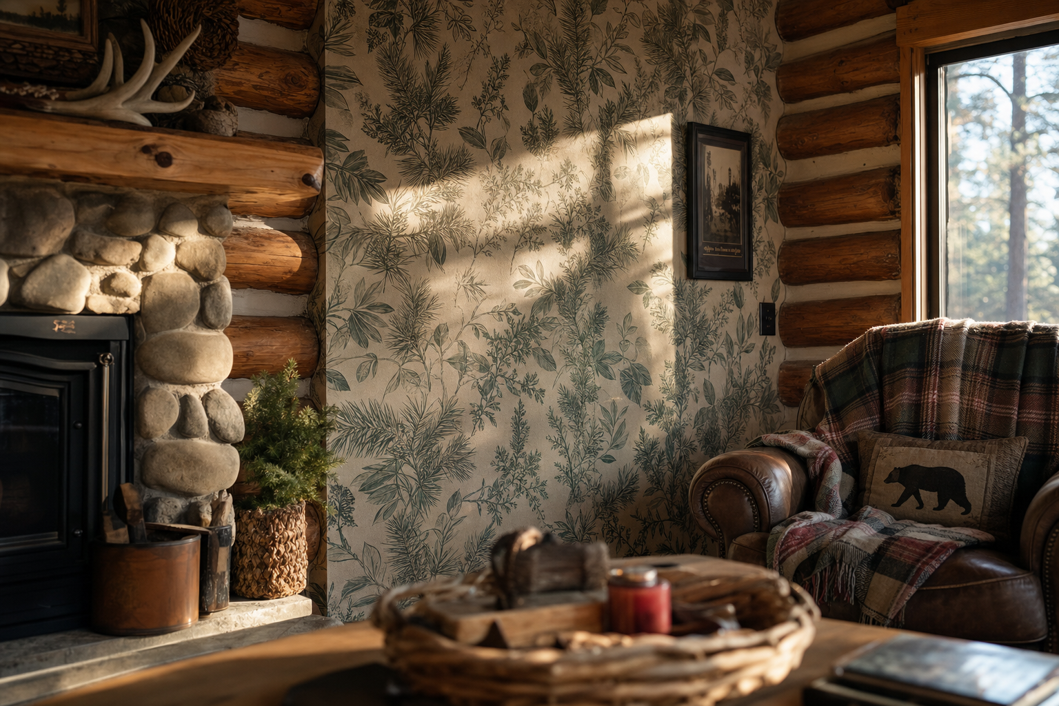 A wallpapered accent wall on smooth drywall contrasting with exposed log walls in a Big Bear cabin