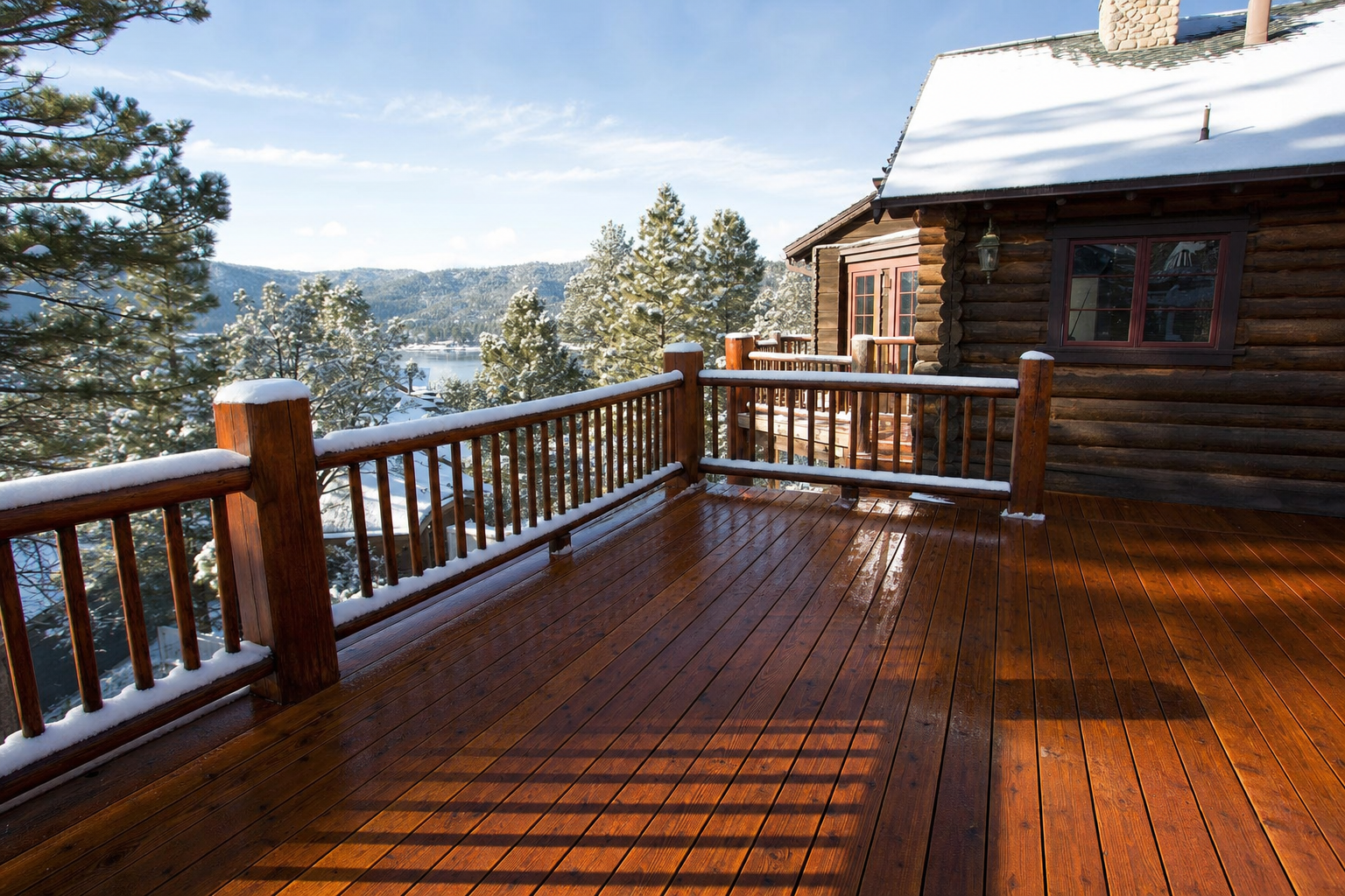 A freshly stained deck with a water-beading finish, snow visible along the edges in Big Bear, CA