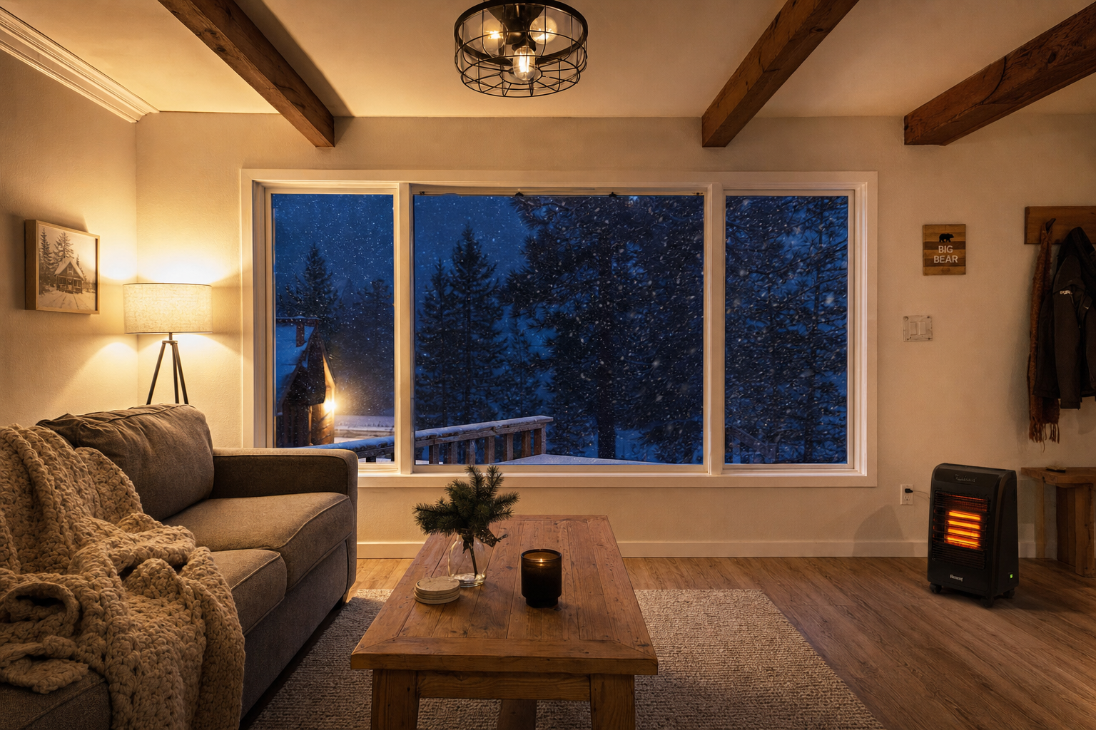 Freshly painted interior living room in a Big Bear cabin with snow falling outside