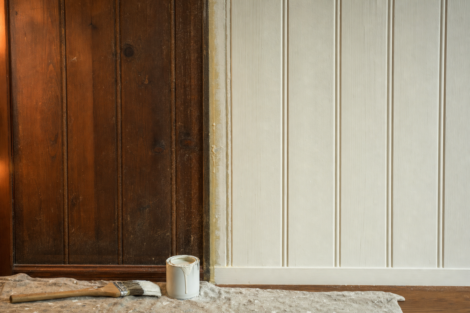 A wood paneling wall mid-transformation from original dark wood to freshly painted white
