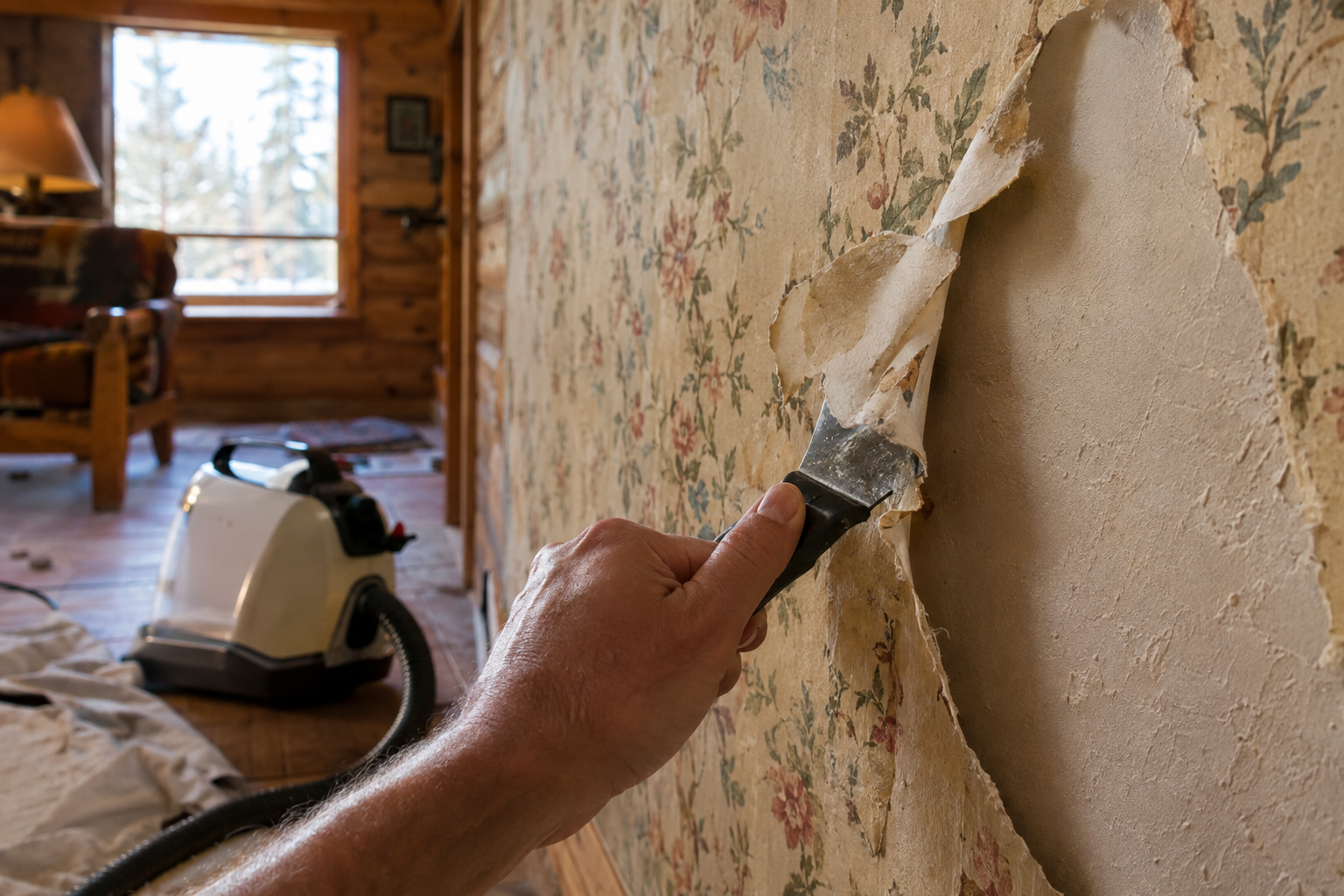 Removing old wallpaper from a plaster wall in a Big Bear cabin using a scraper and steamer