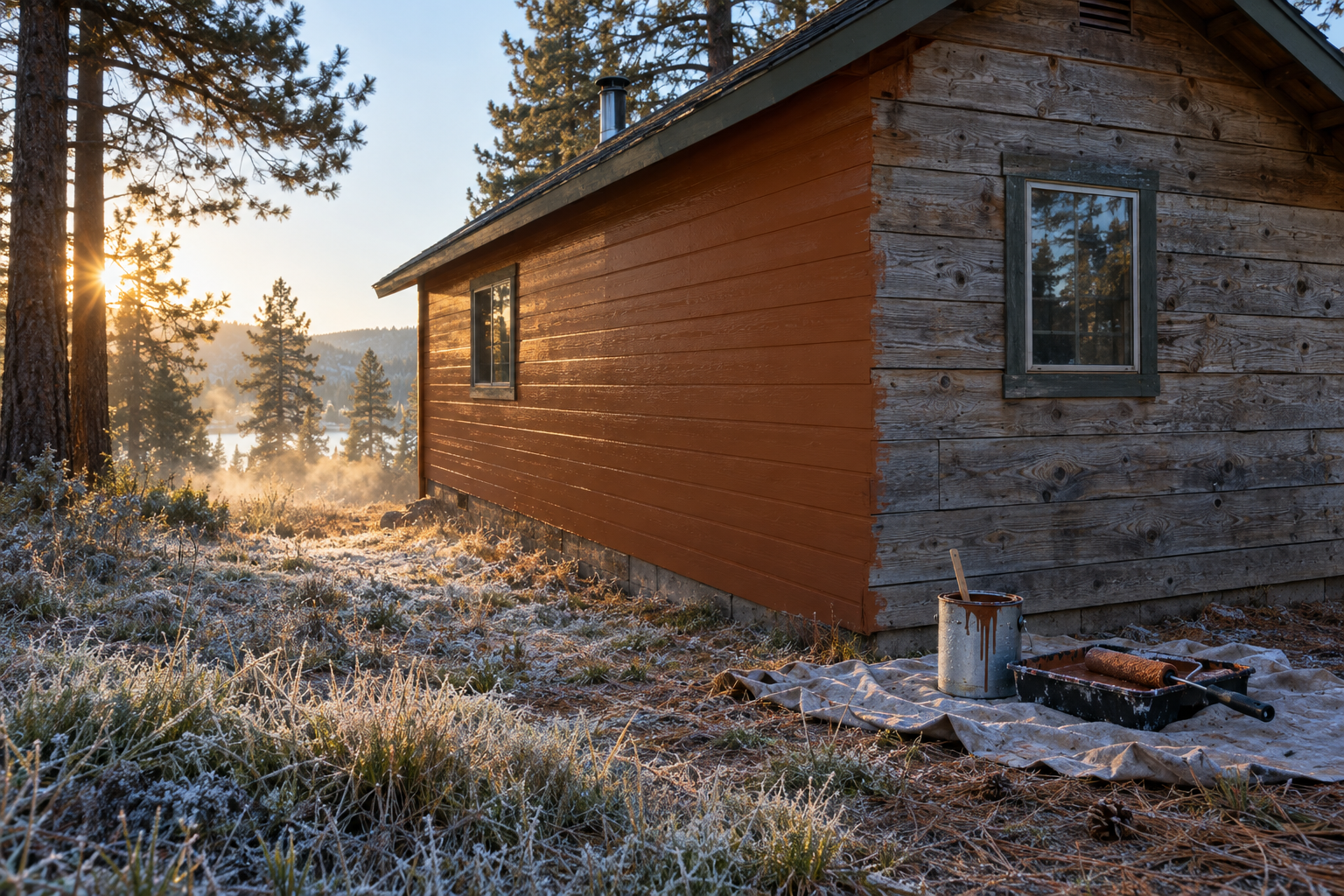 Frost on the ground beside a partially painted cabin exterior in Big Bear, California