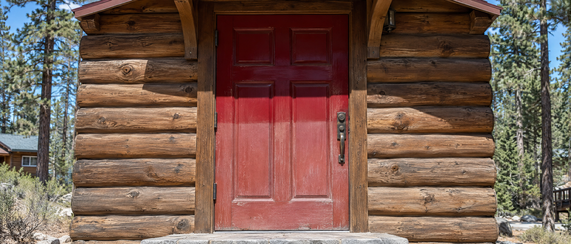 A Big Bear cabin's front door showing uneven UV fading between shaded and sun-exposed sections