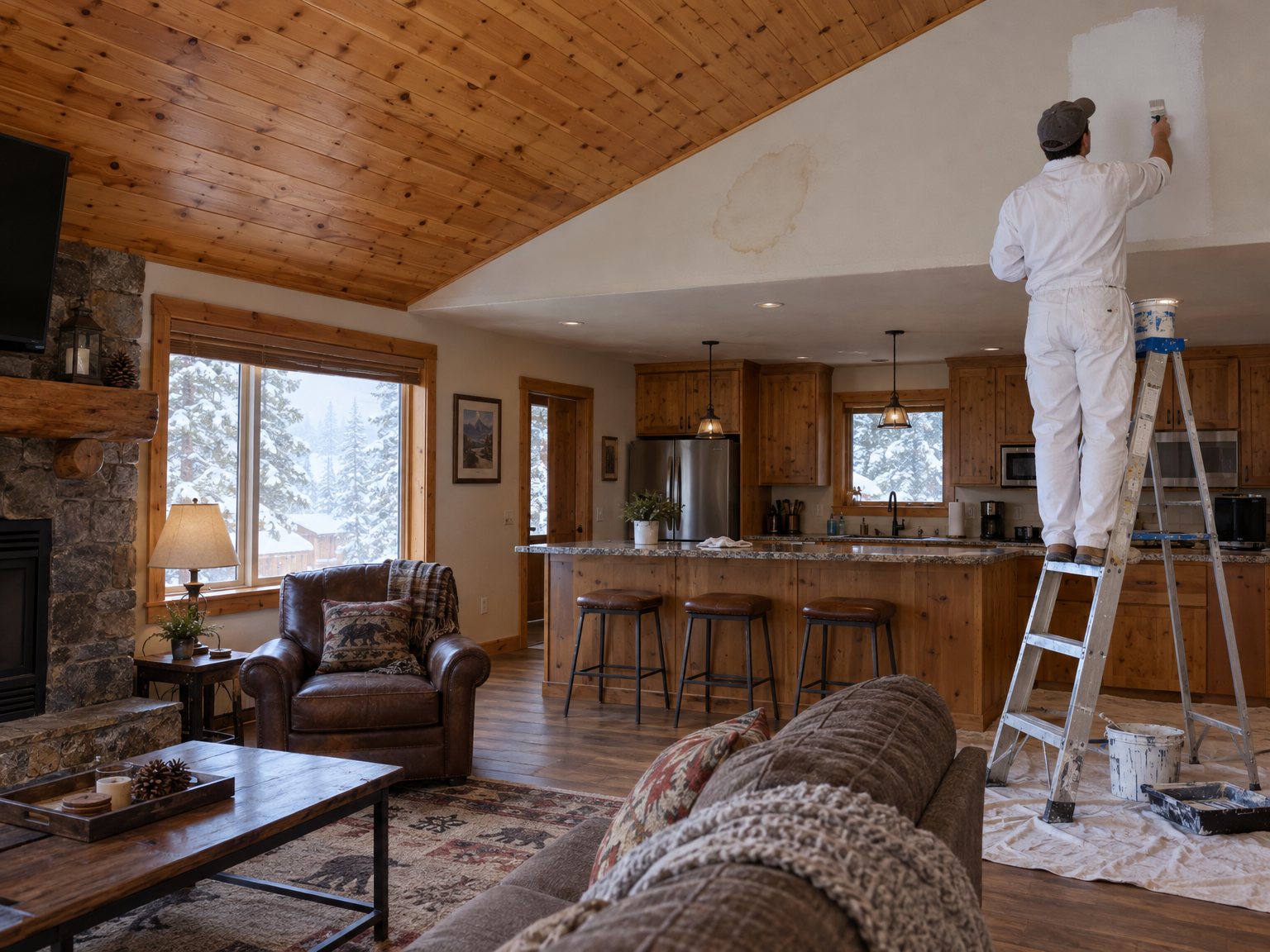 A painter priming a water stain on a cabin ceiling in a Big Bear home with snowy pines visible