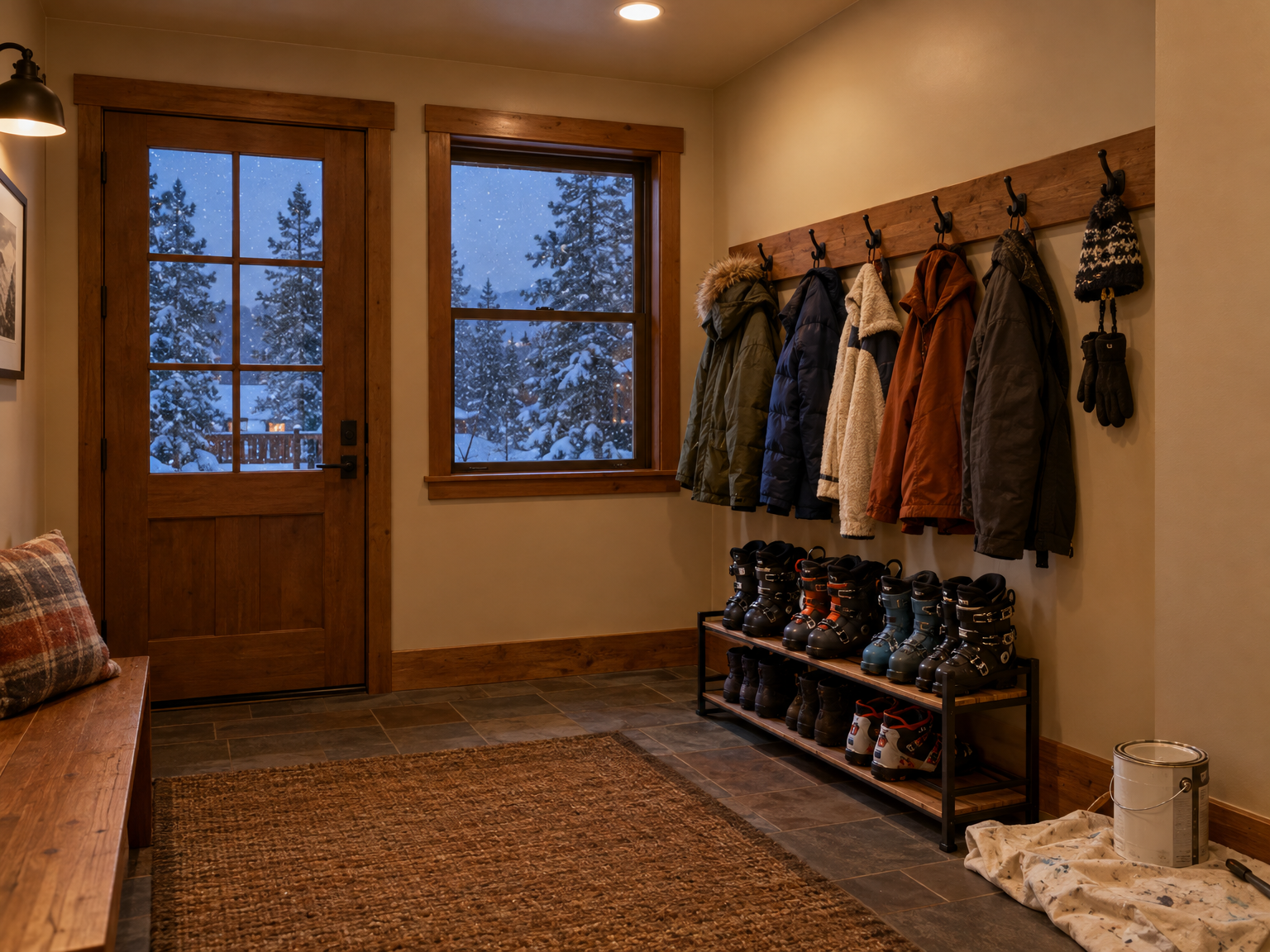 A freshly painted Big Bear cabin entryway with coats, ski boots, and snow falling past the window