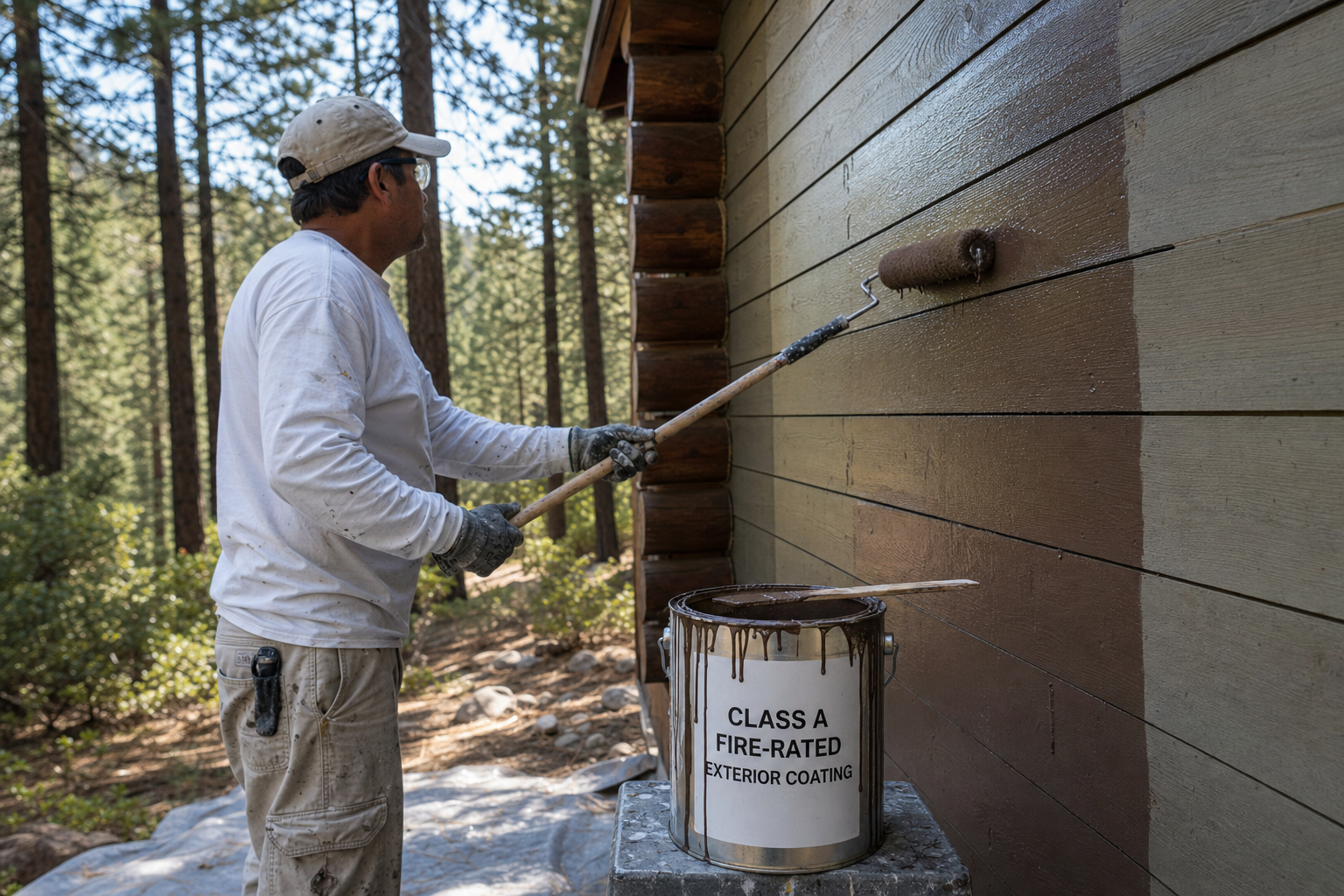 Painter applying Class A fire-rated exterior coating to a Big Bear cabin's wood siding