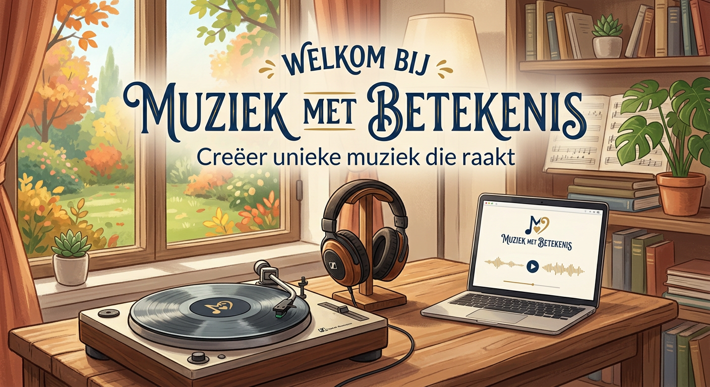 Houten desk with vinyl record player, headphones, laptop, and Dutch welcome text for “Muziek met Betekenis”