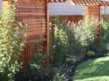 Wooden lattice fence with pergola and flowering plants along a green lawn by Turfworks Inc, a landscaper in Vacaville, CA.