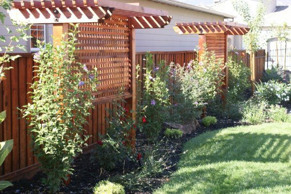  A wooden fence with a pergola in the backyard of a house | Landscape Design in Davis, CA
