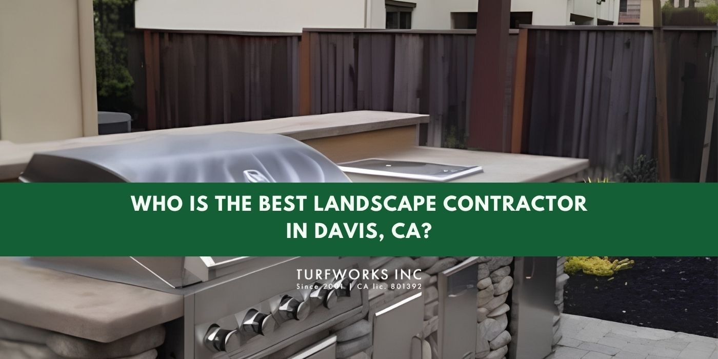 Outdoor kitchen grill; blog cover reads: Who Is the Best Landscape Contractor in Davis CA?