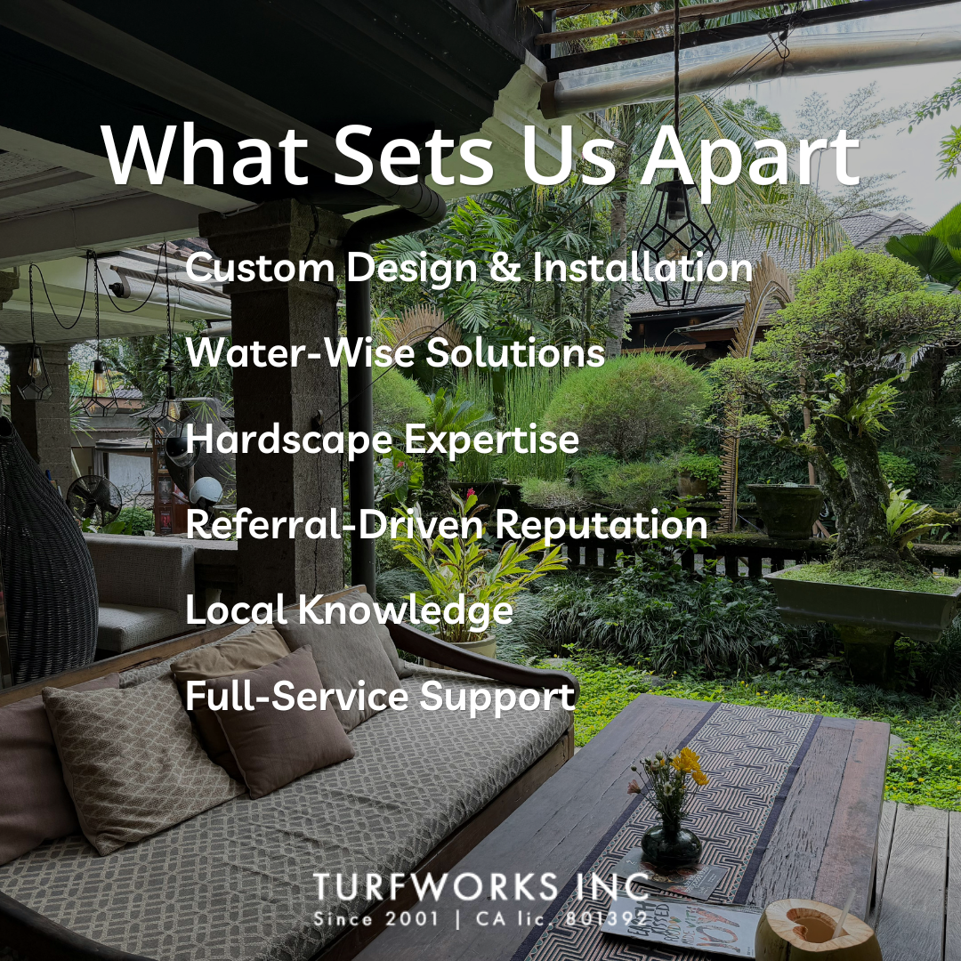 Outdoor patio with lush tropical landscaping, labeled Turfworks Inc services and features.