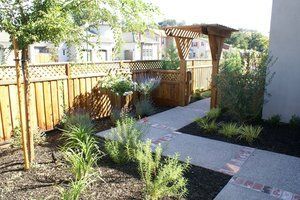 A pavers design with a walkway leading to a wooden pergola in a backyard | Landscape Design in Davis, CA