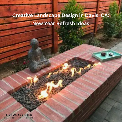 A brick fire pit with a Buddha statue and lush greenery by Turfworks Inc, showcasing landscape design in Davis, CA.
