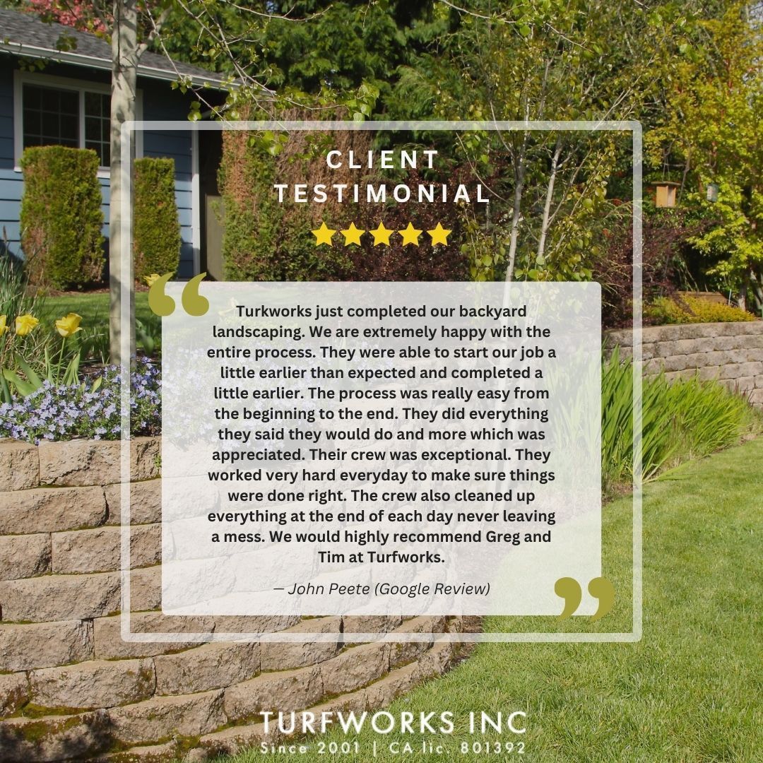 Backyard landscape testimonial graphic with stone retaining wall, lawn, trees, and Turfworks Inc branding.