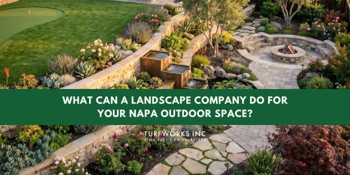 Backyard with putting green, water feature, stone retaining walls, and fire pit; Turfworks Inc