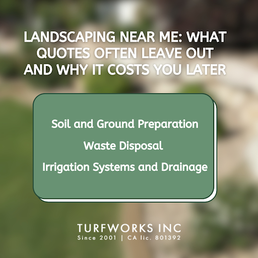 Infographic listing hidden landscaping costs: soil prep, waste disposal, and irrigation issues. Created by Turfworks Inc.