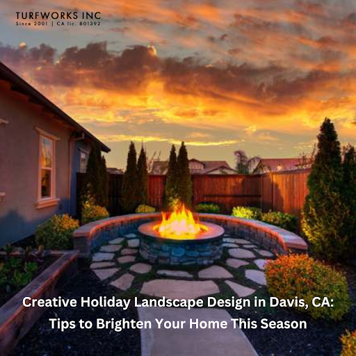 Sunset backyard with firepit and greenery.