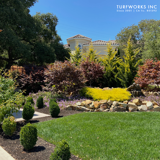 Beautifully landscaped yard by Turfworks Inc, showcasing greenery, colorful flowers, and a decorative stone feature.