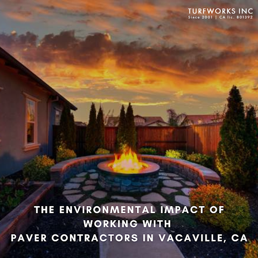 Backyard with fire pit, paver patio, and landscaping at sunset, featuring text about paver contractor in Vacaville, CA.