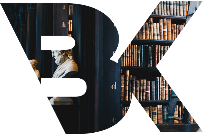 The letter b is cut out of a picture of a library.